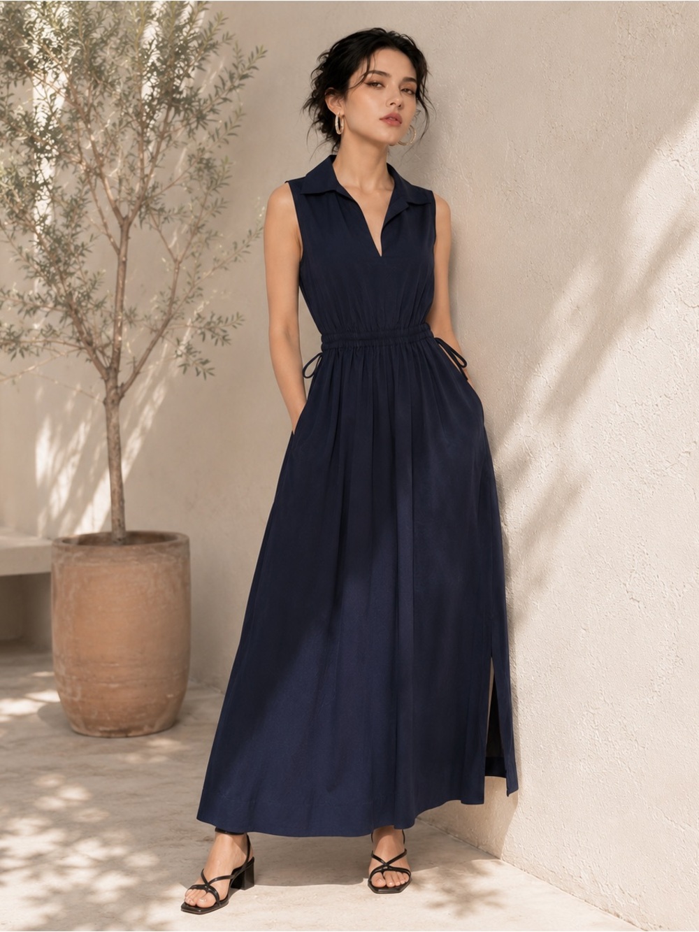 Calvin Klein Navy Sleeveless Maxi Dress with Collared V-Neck - Picture 2 of 7